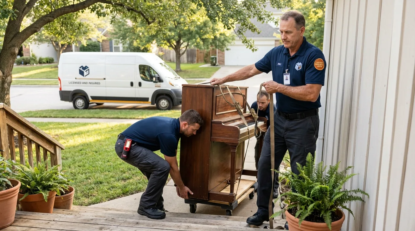 Licensed piano movers securing grand piano in Wellington, KS