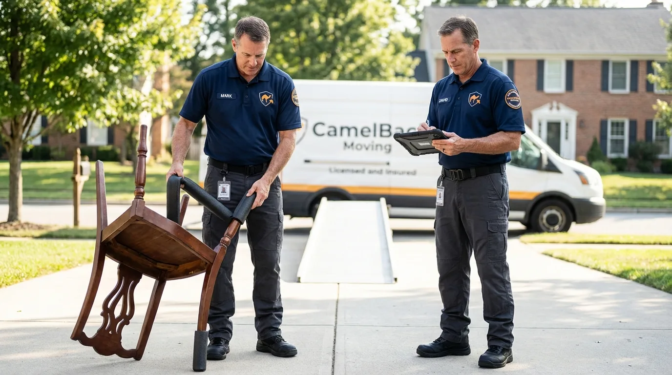 Movers inspecting furniture for damage prevention before loading in Wellington, KS