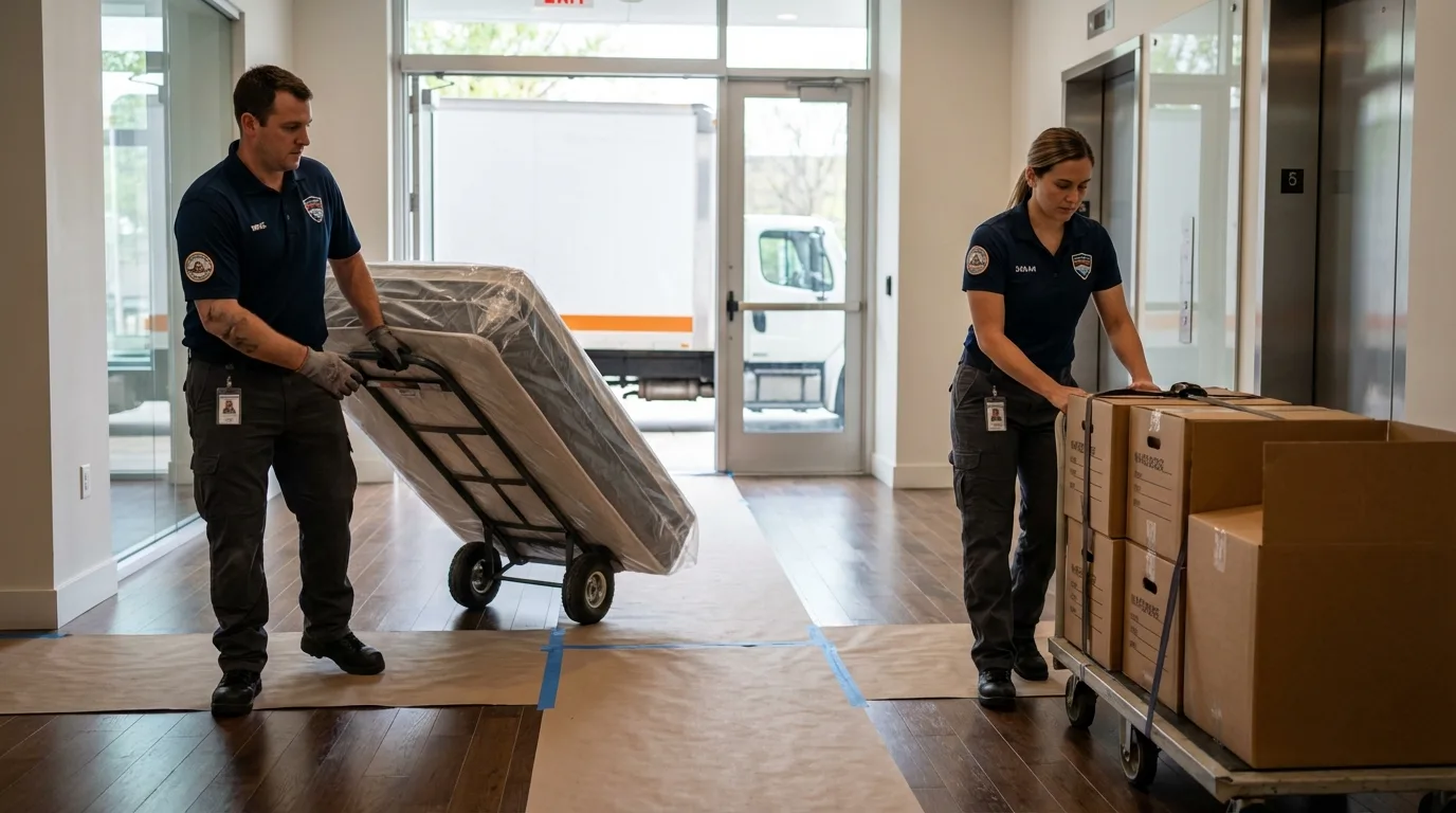 Professional apartment movers loading elevator in Wellington, KS
