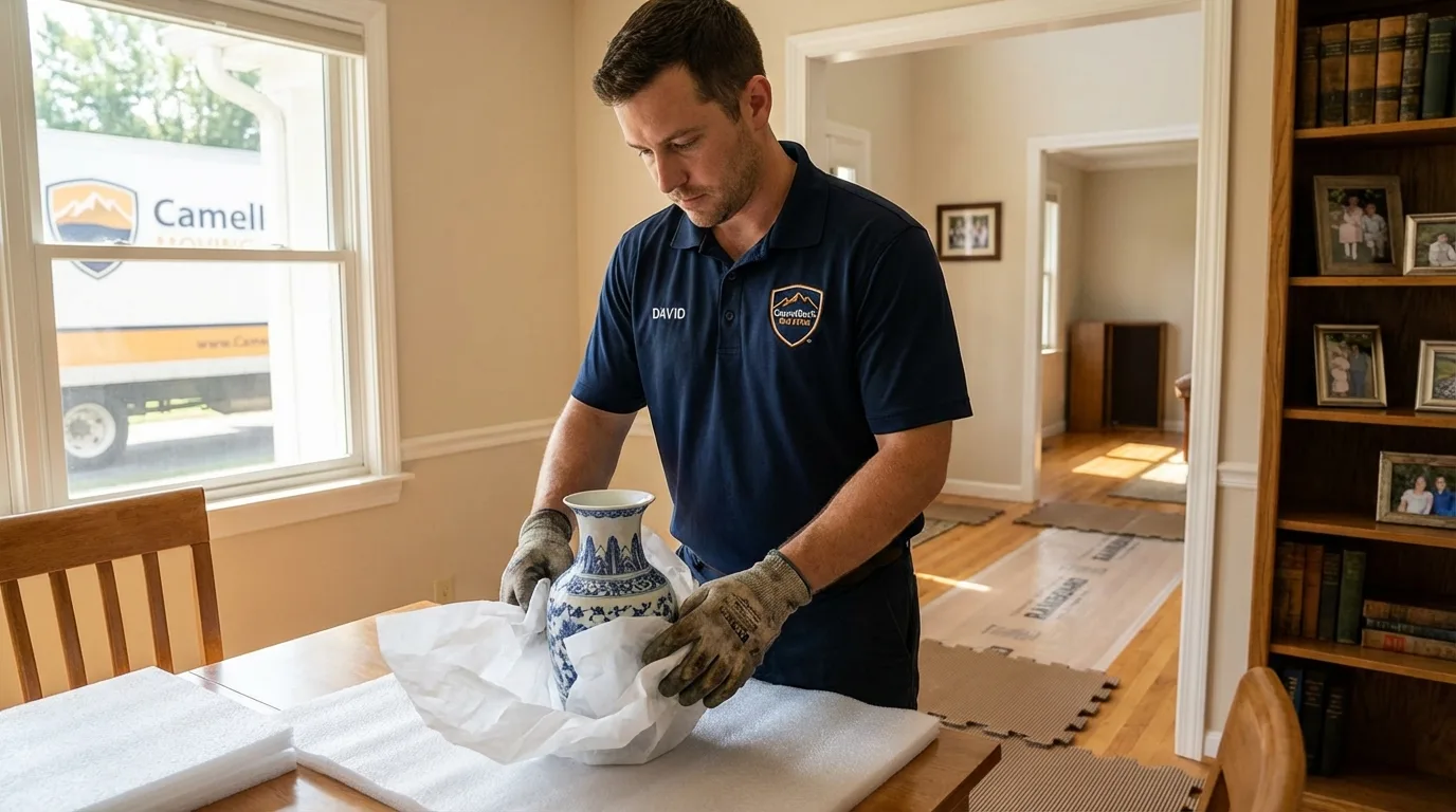 Professional crew carefully wrapping antique vase for senior downsizing move in Wellington, KS