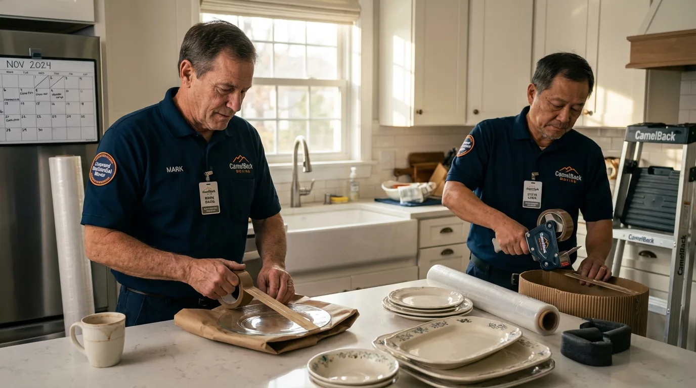 Professional crew packing kitchen dishware in Wellington, KS